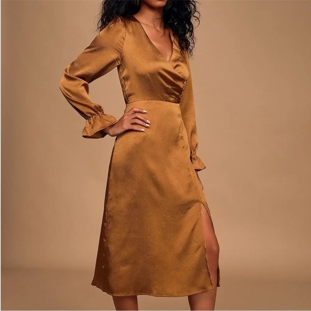 Lulu’s 4SI3NNA Brielle Bronze Satin Long Sleeve Midi Dress in Bronze Copper - Picture 2 of 14